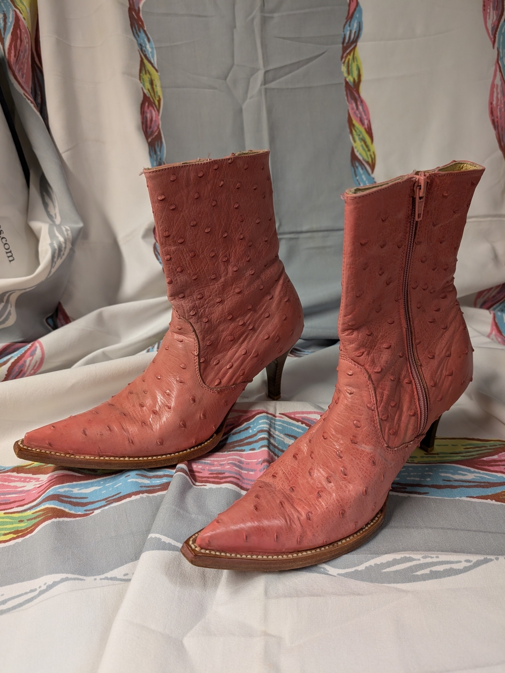 Women's Pink Ostrich Western Cowboy Kitten Heel Ankle Boot